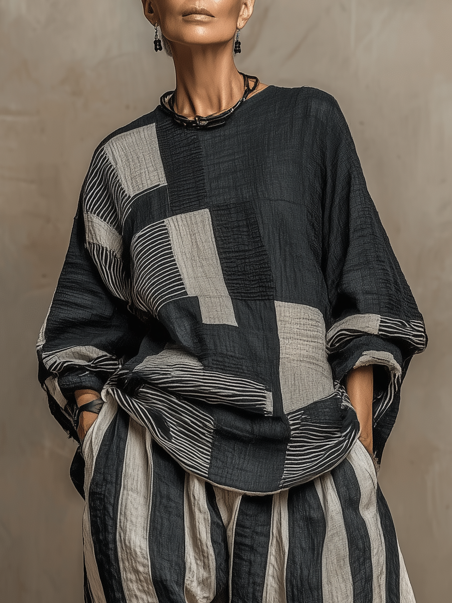 Damski Komplet Dresowy Oversize - Bluzka Patchwork i Spodnie w Paski