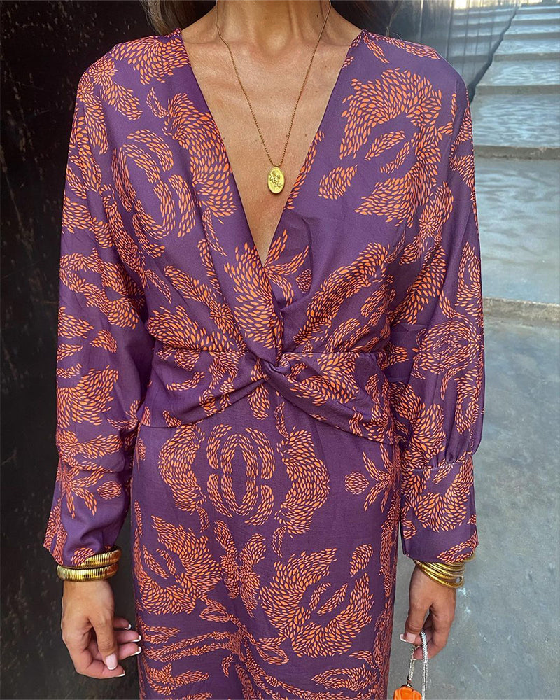 Midi Dress with a Knot and V-Neck