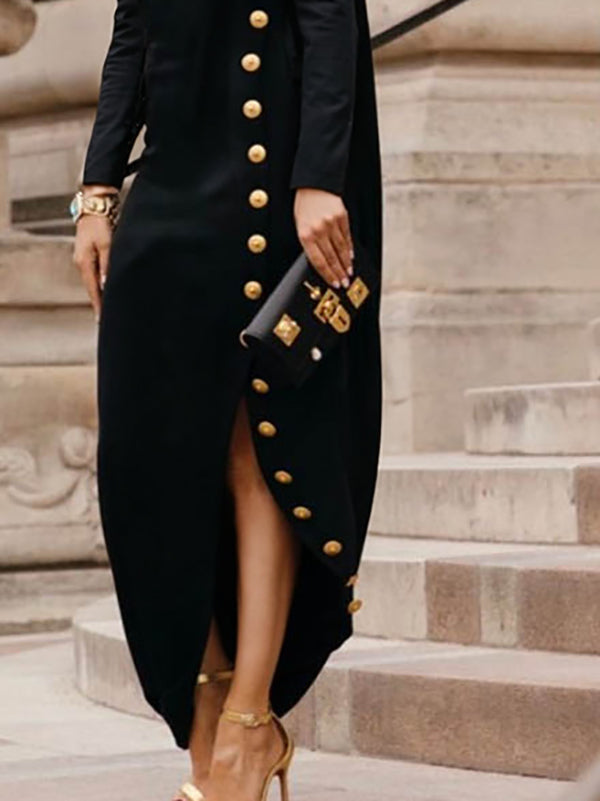 Button-front maxi dress with a stand collar and long sleeves