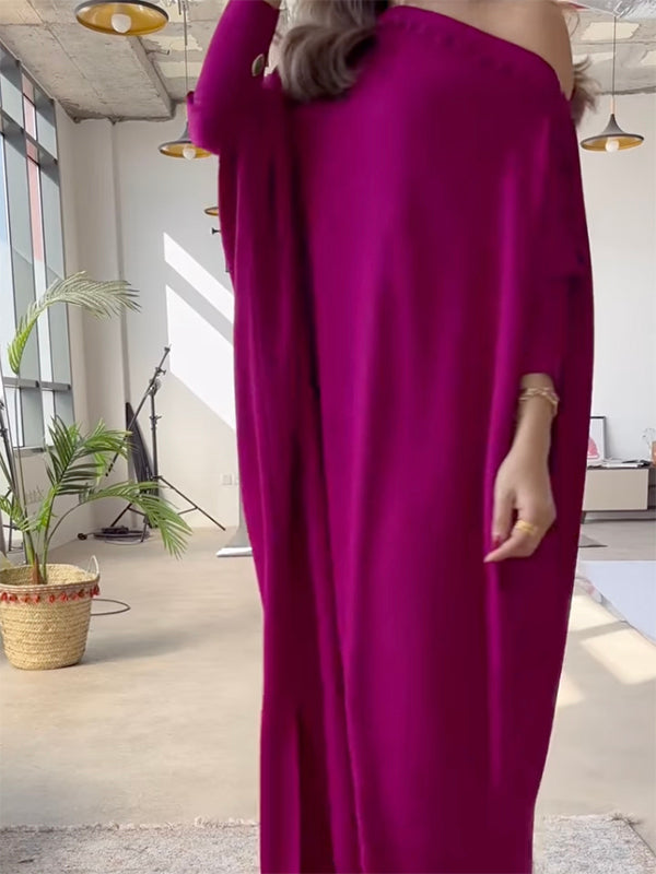Maxi dress with an asymmetrical neckline and shoulder slit