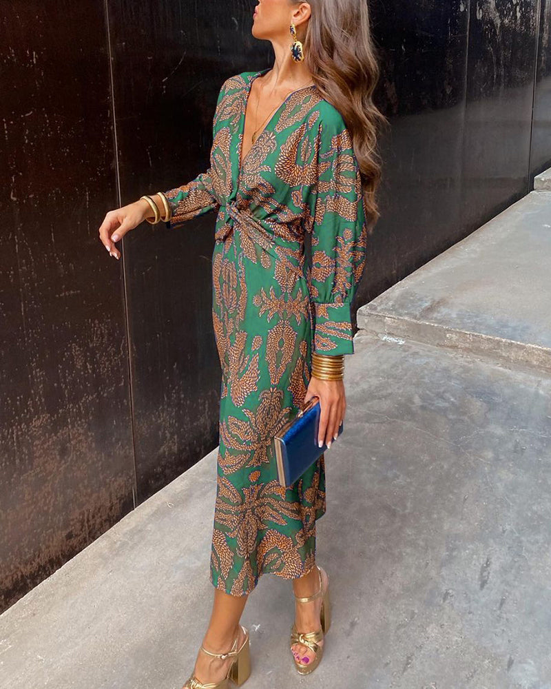 Midi Dress with a Knot and V-Neck