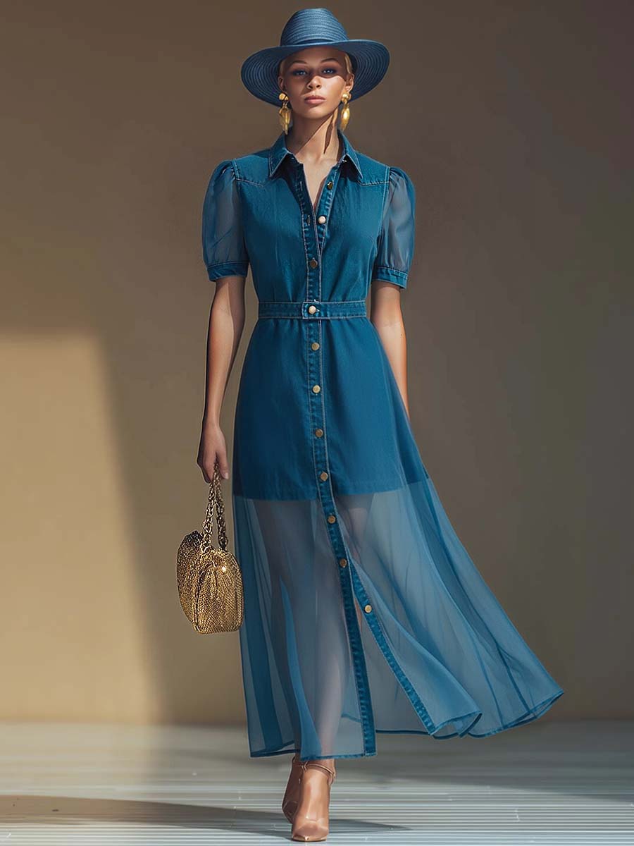 Maxi dress with a collar, belt, and buttons
