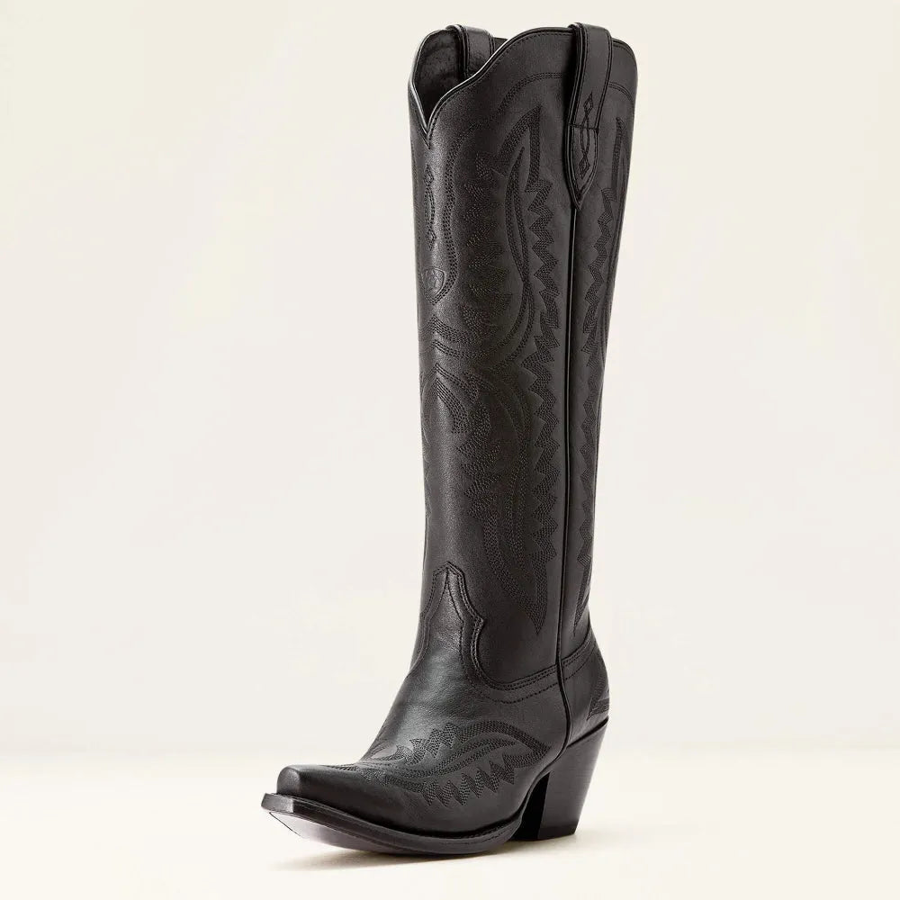 Patterned zip-up stacked pointed-toe tall boots