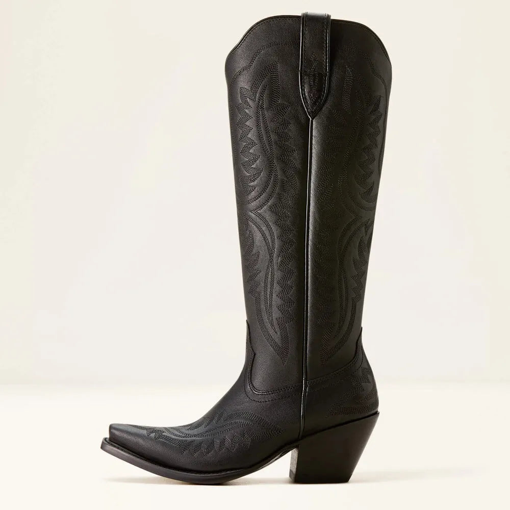 Patterned zip-up stacked pointed-toe tall boots