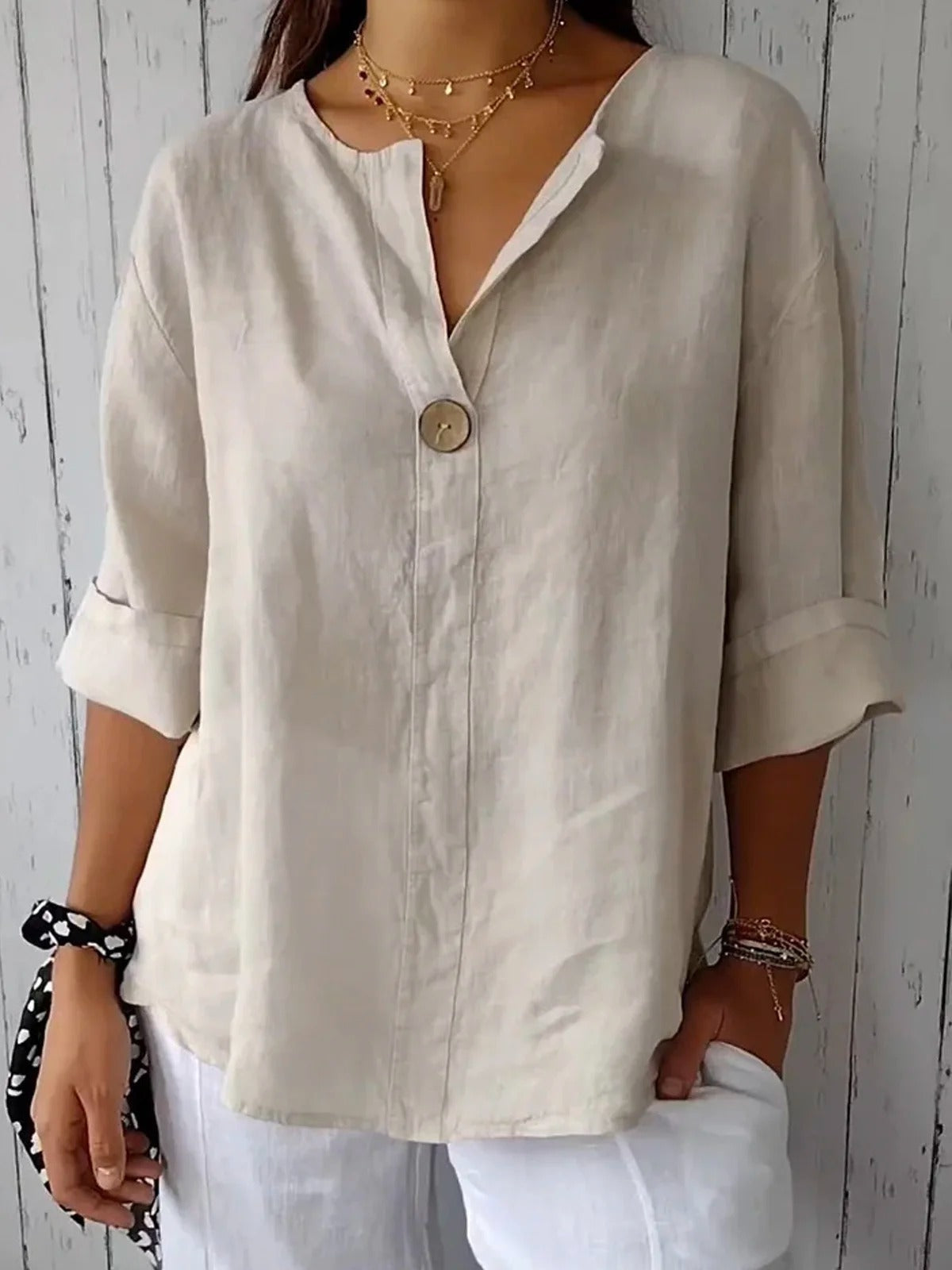 Button-Front Blouse with Cutout, Loose, Solid