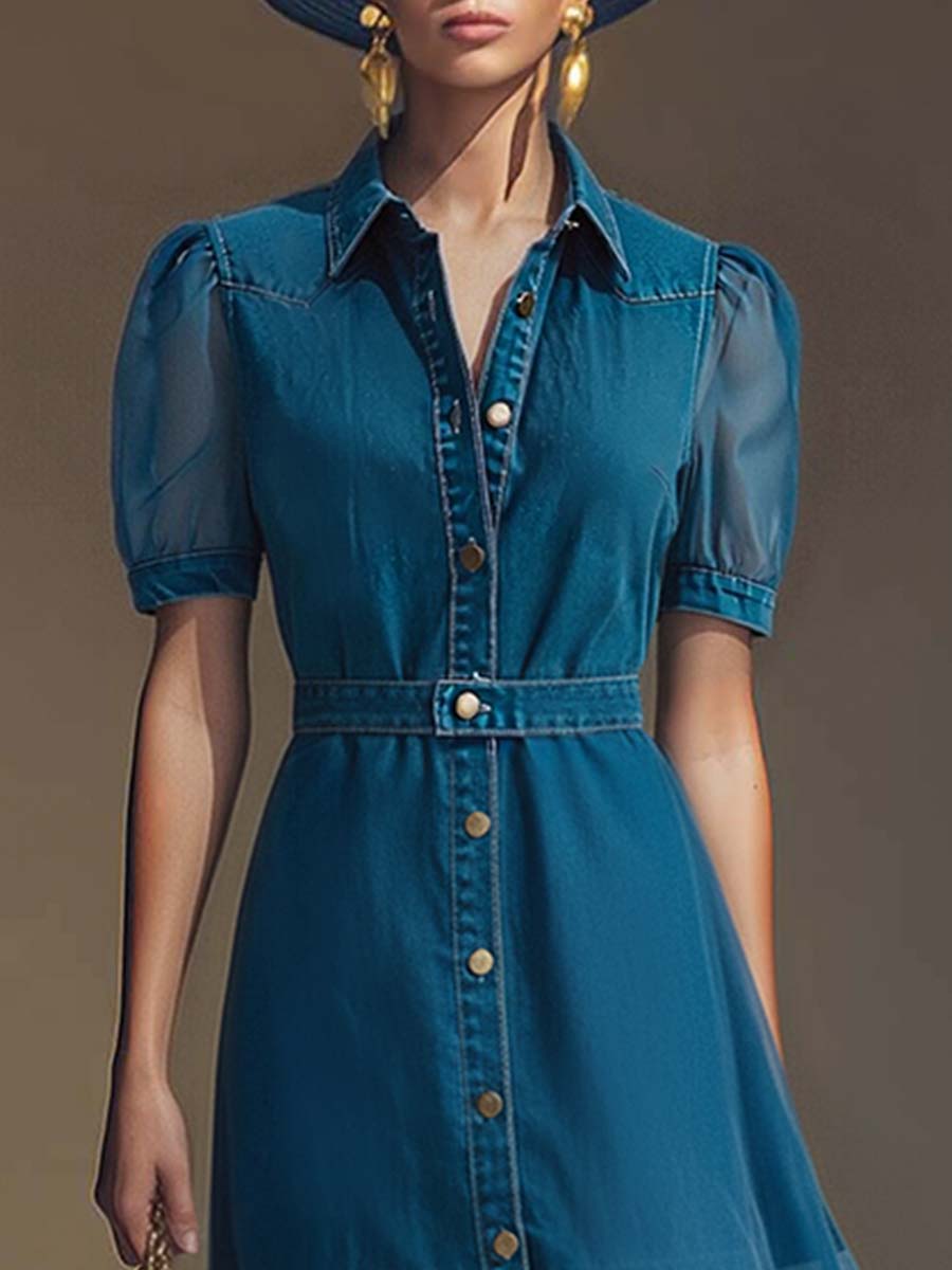 Maxi dress with a collar, belt, and buttons