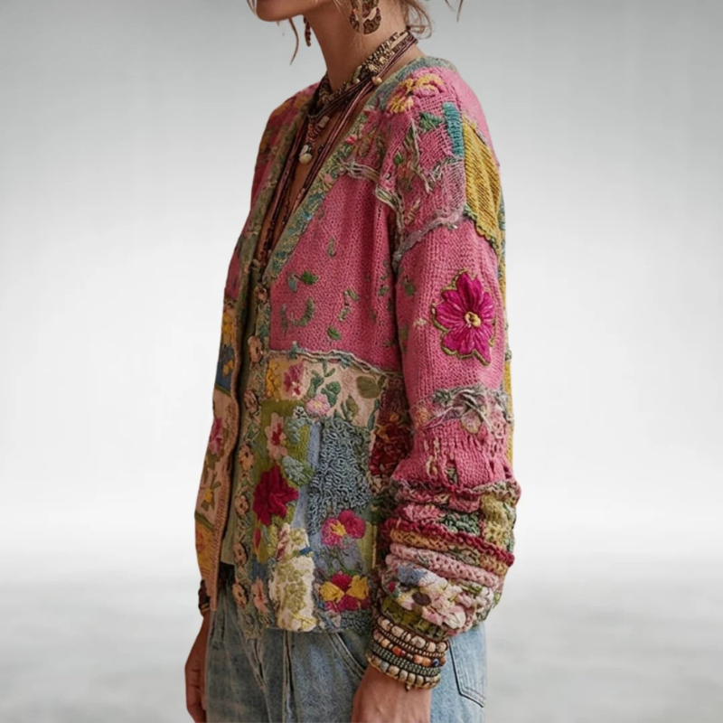 Damski Kardigan Oversize z Kwiatowym Haftem Patchwork