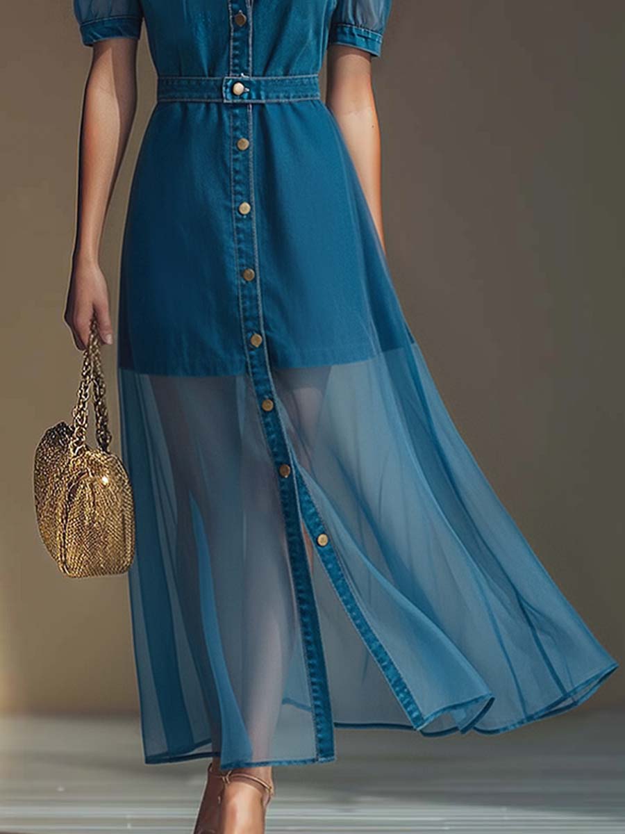 Maxi dress with a collar, belt, and buttons