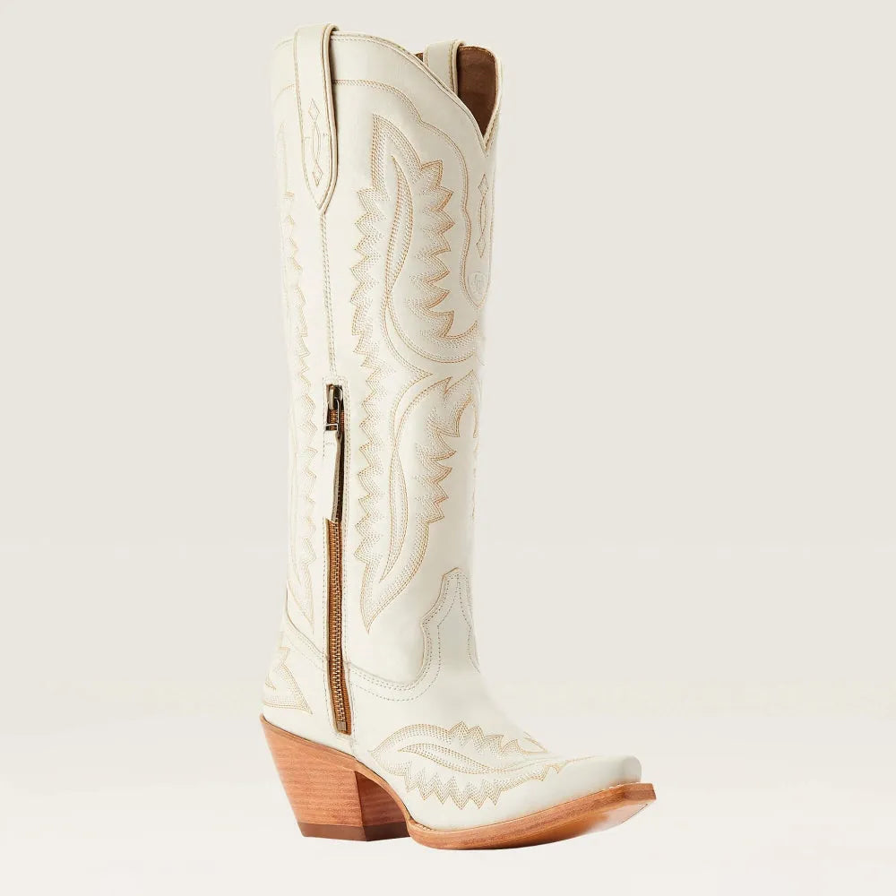 Patterned zip-up stacked pointed-toe tall boots