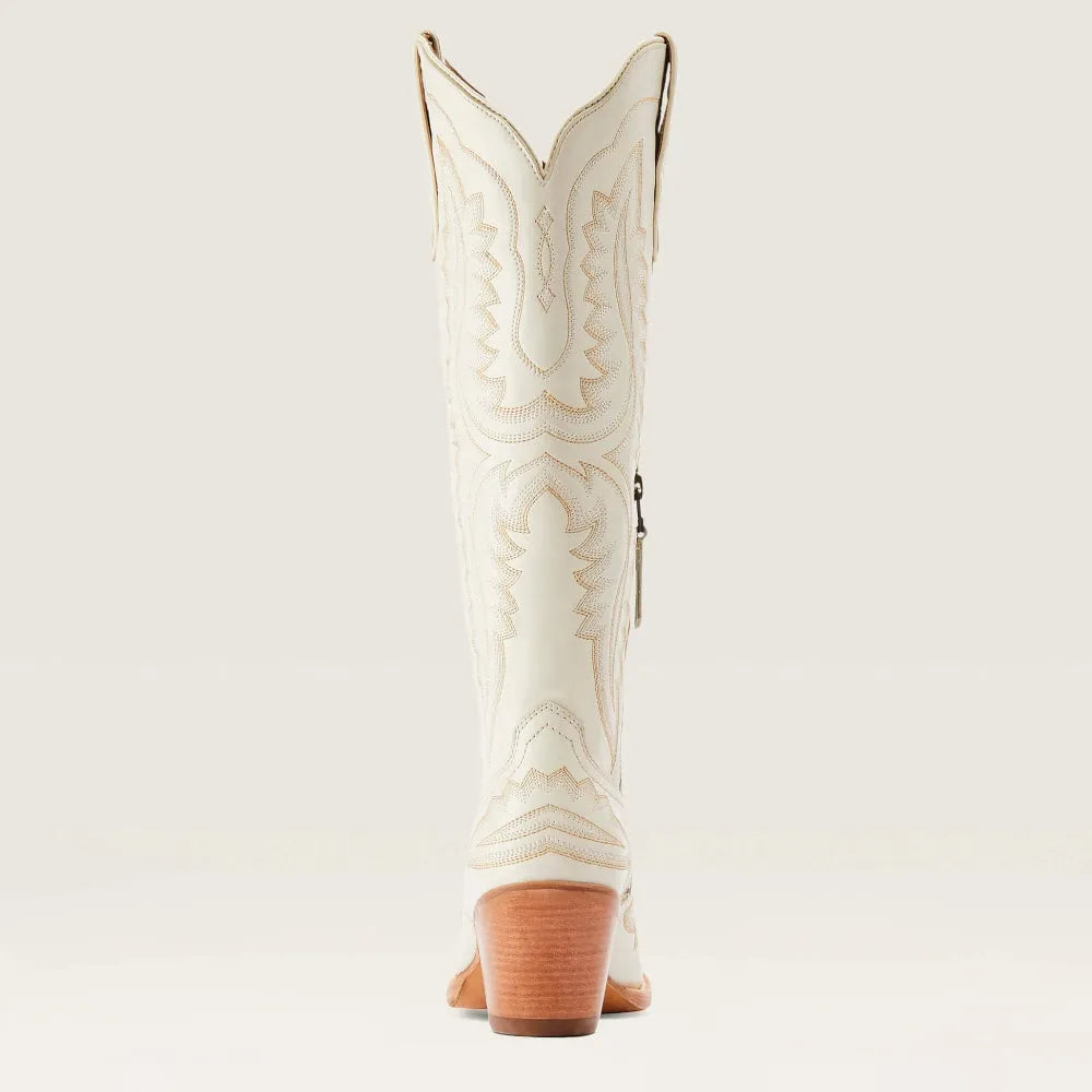 Patterned zip-up stacked pointed-toe tall boots