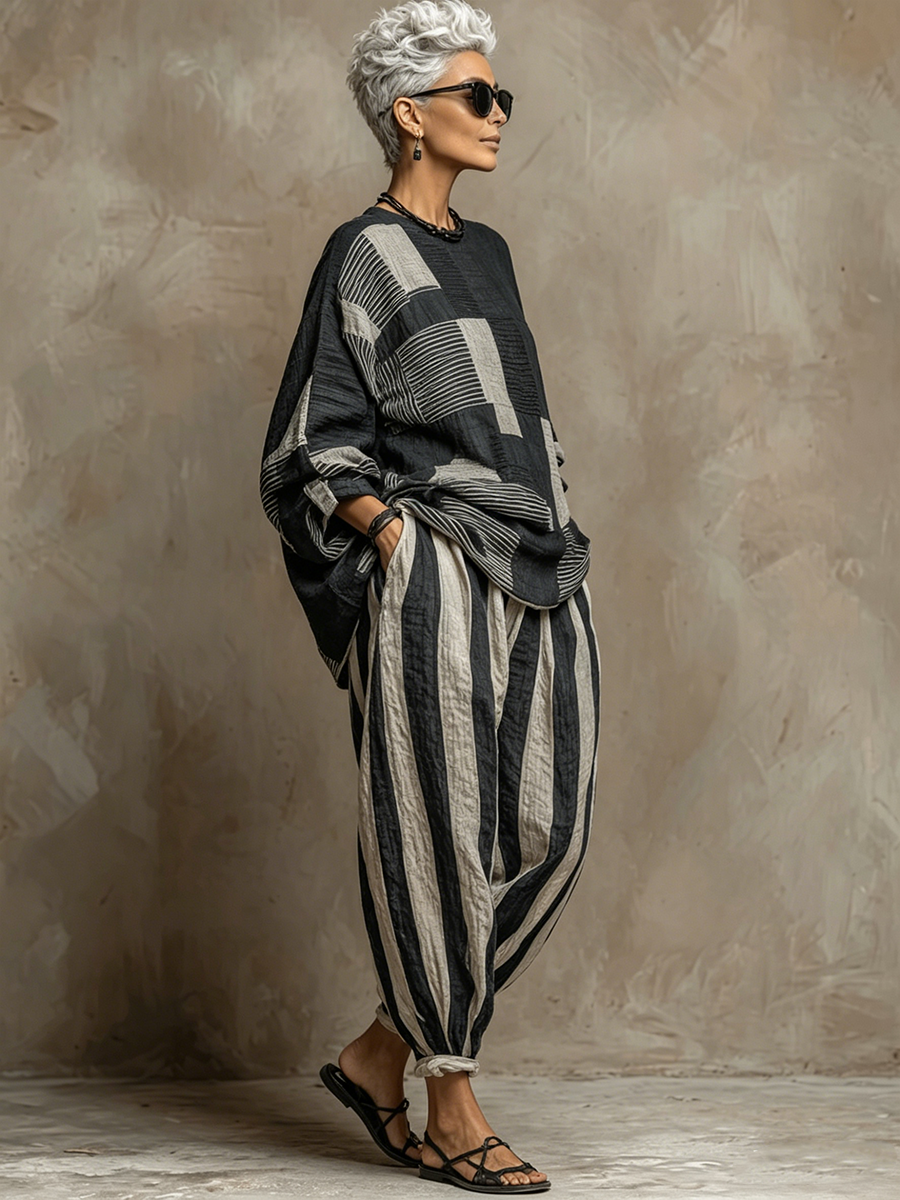 Damski Komplet Dresowy Oversize - Bluzka Patchwork i Spodnie w Paski