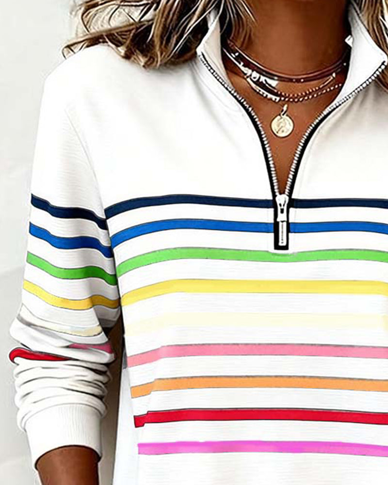 Bluza Damska ze Stójką i Krótkim Zamkiem w Kolorowe Paski