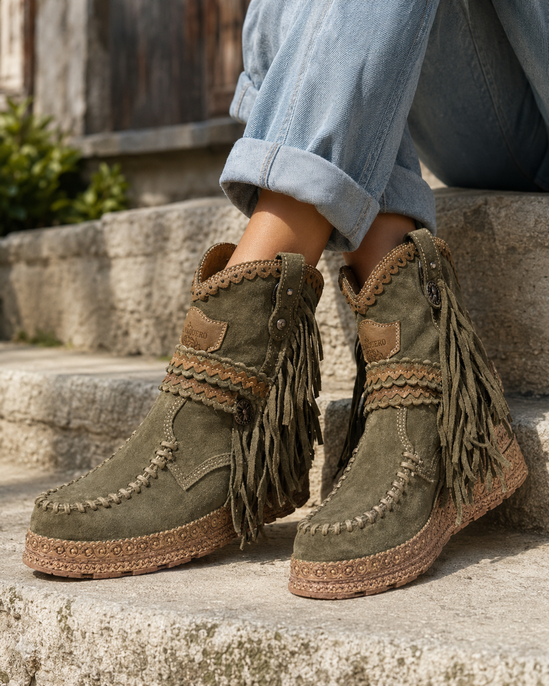 Frędzlowe Botki Kowbojki w Stylu Boho dla Kobiet