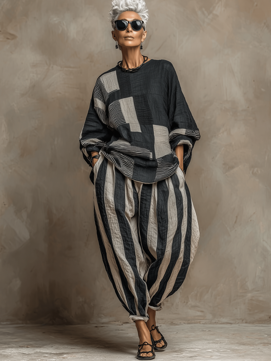 Damski Komplet Dresowy Oversize - Bluzka Patchwork i Spodnie w Paski