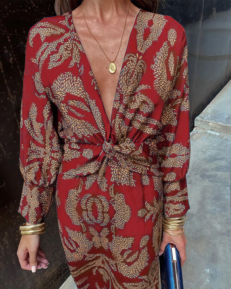 Midi Dress with a Knot and V-Neck