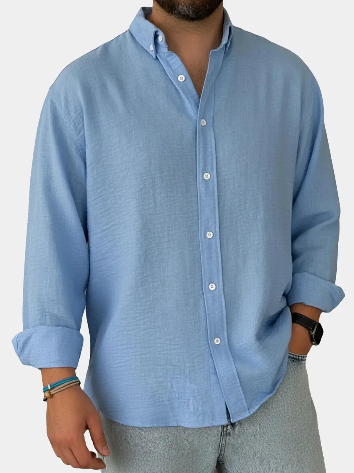 Textured rounded-fit collared shirt with button fastening and cuffs