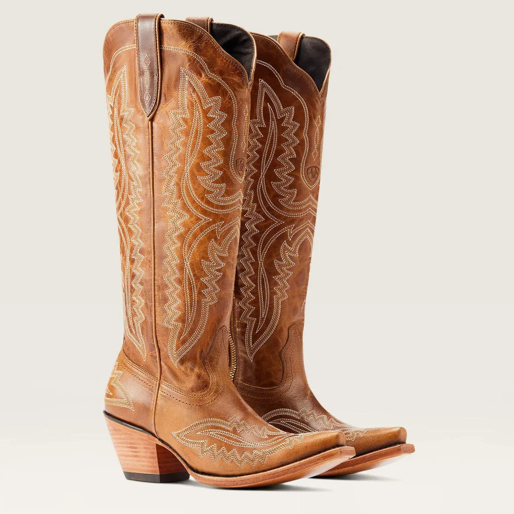 Patterned zip-up stacked pointed-toe tall boots