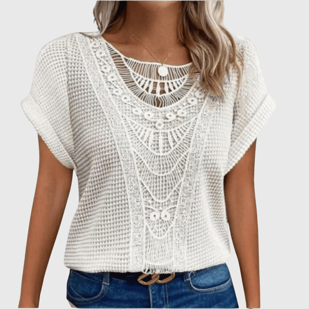 Textured perforated geometric loose top with rolled-up sleeves
