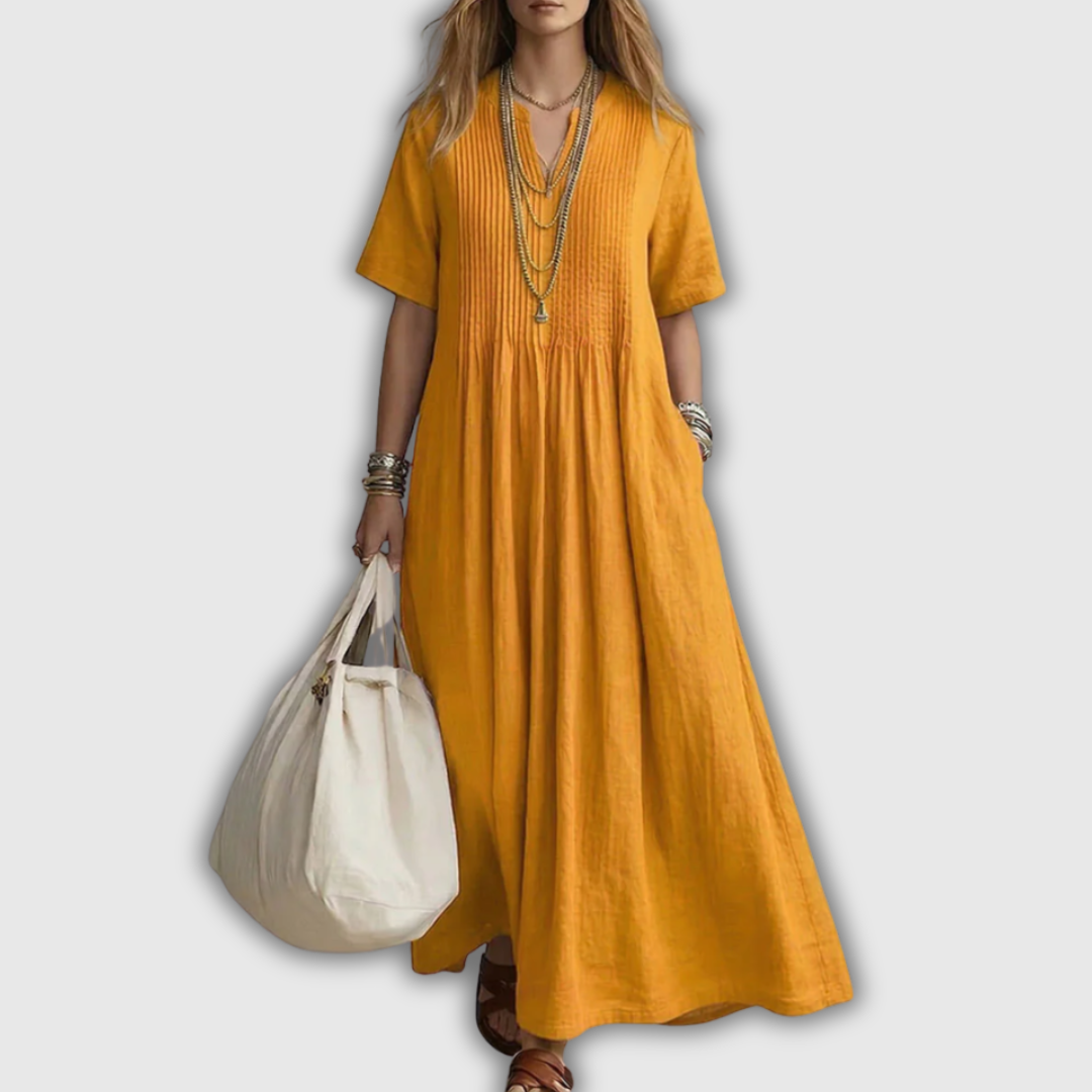 Sukienka Maxi z Dekoltem V i Plisami, Krótki Rękaw