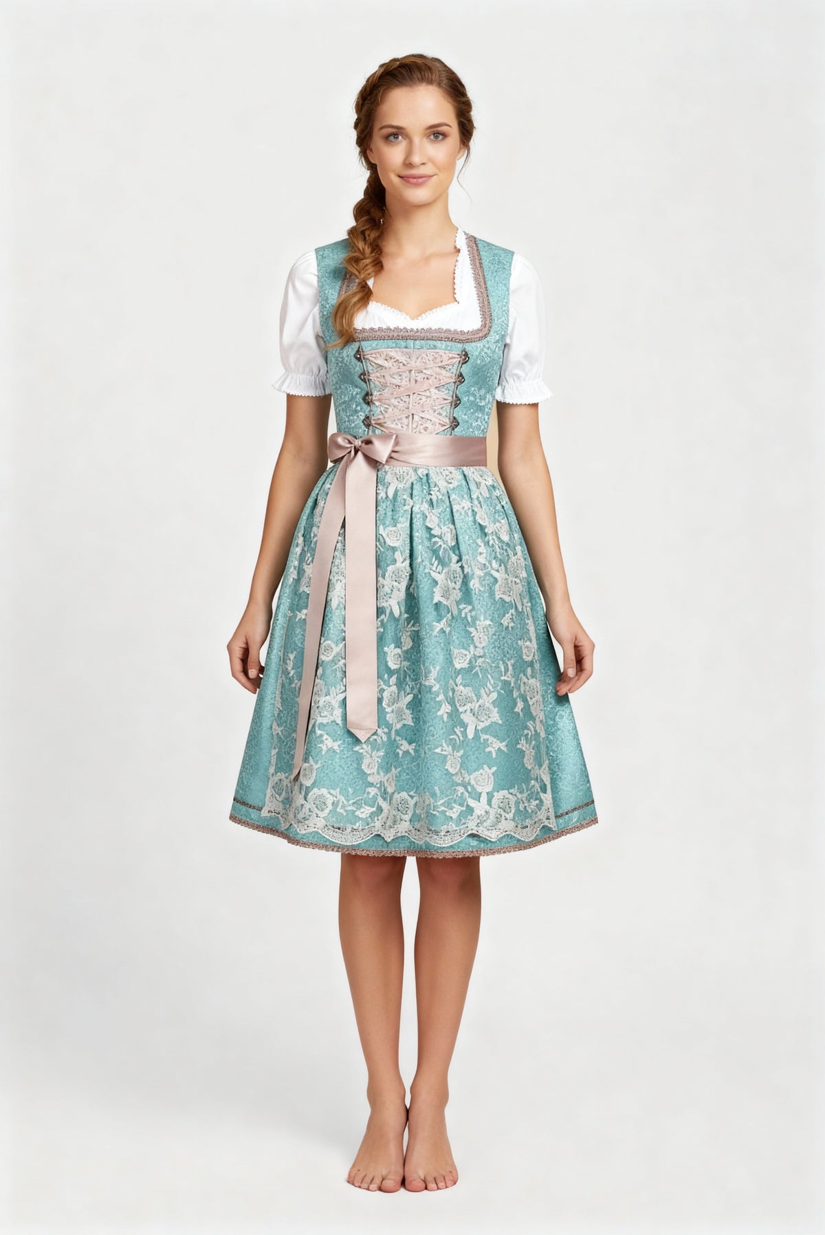 Sukienka Dirndl ze Sznurowanym Gorsetem, Fartuszkiem i Koronką