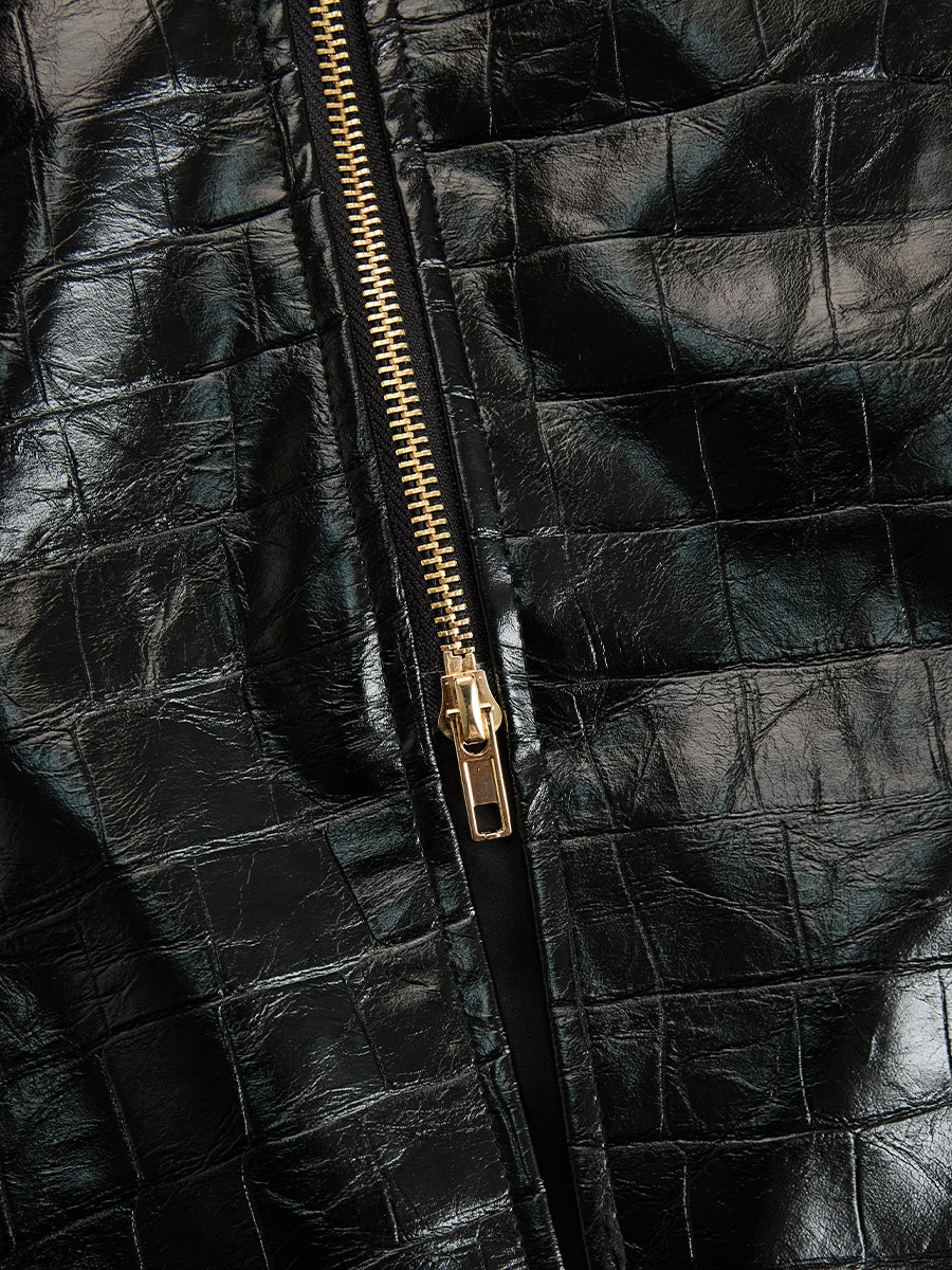 Textured Long-Sleeve Collared Dress with a Front Zipper
