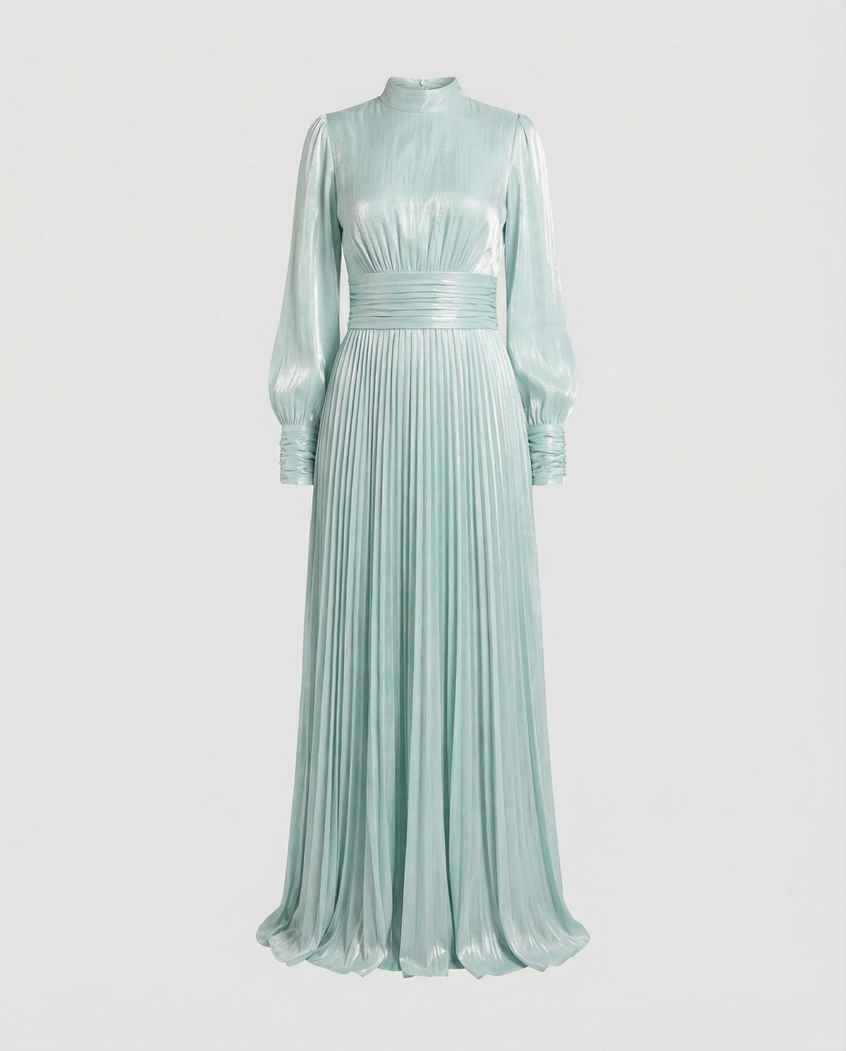 Maxi dress with ruching, pleats, cuffs, and a flared hem