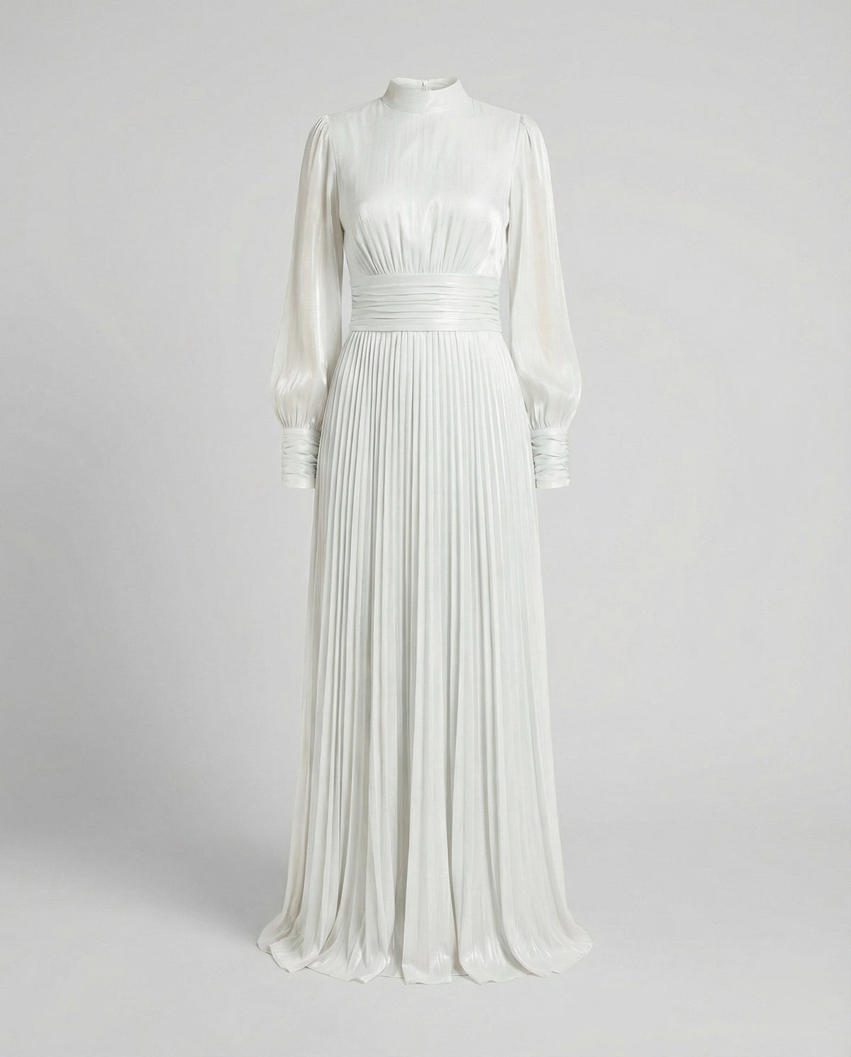 Maxi dress with ruching, pleats, cuffs, and a flared hem