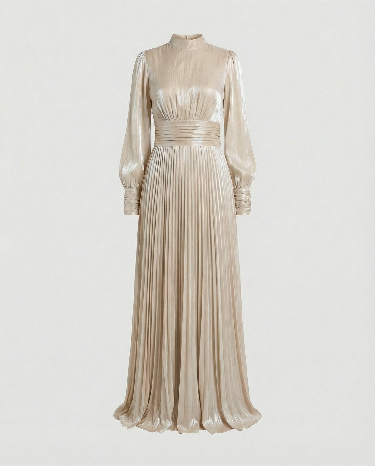 Maxi dress with ruching, pleats, cuffs, and a flared hem