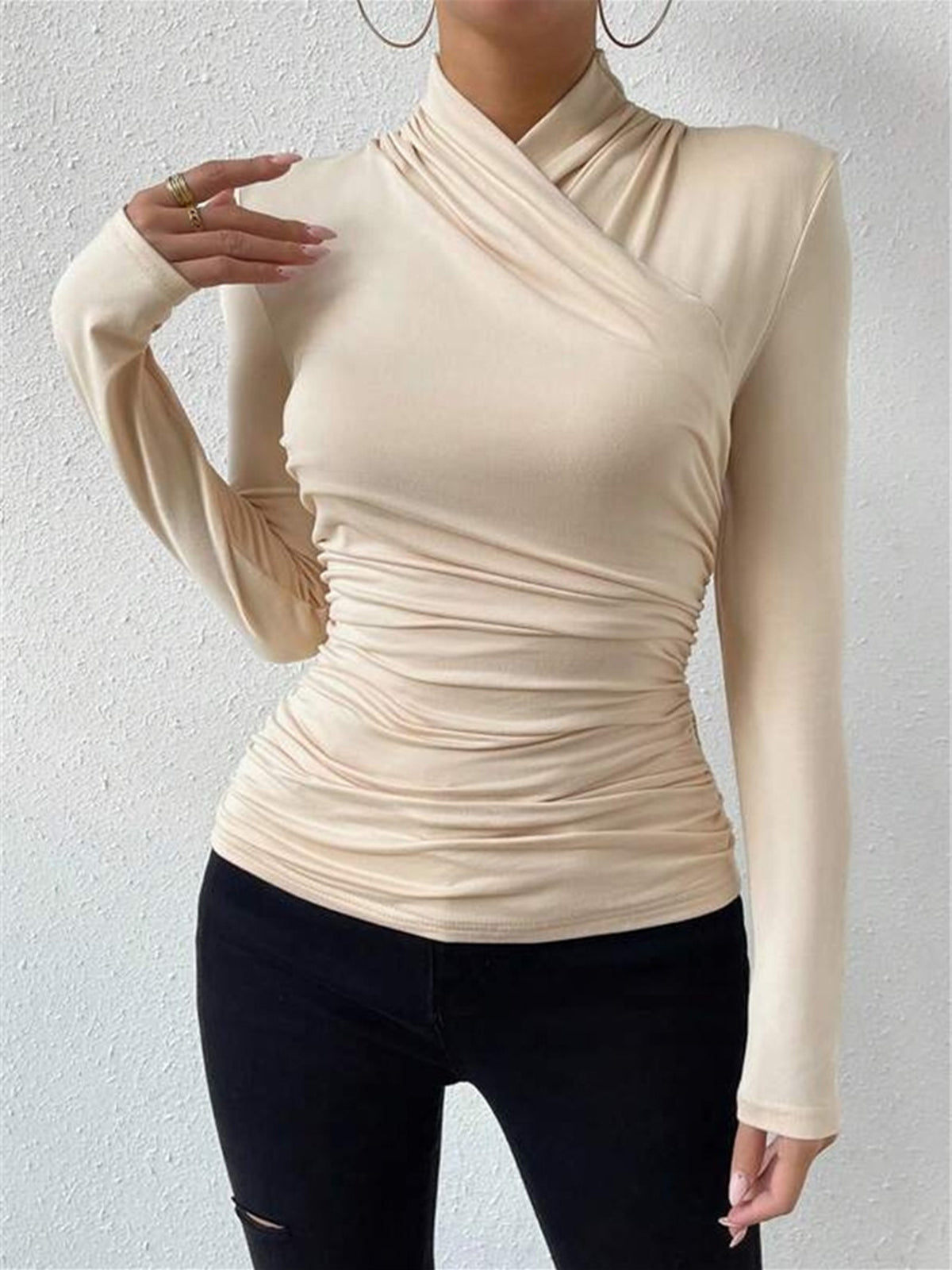 Fitted Long-Sleeve Blouse with Draping