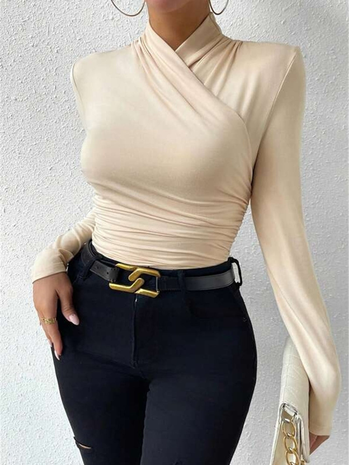 Fitted Long-Sleeve Blouse with Draping