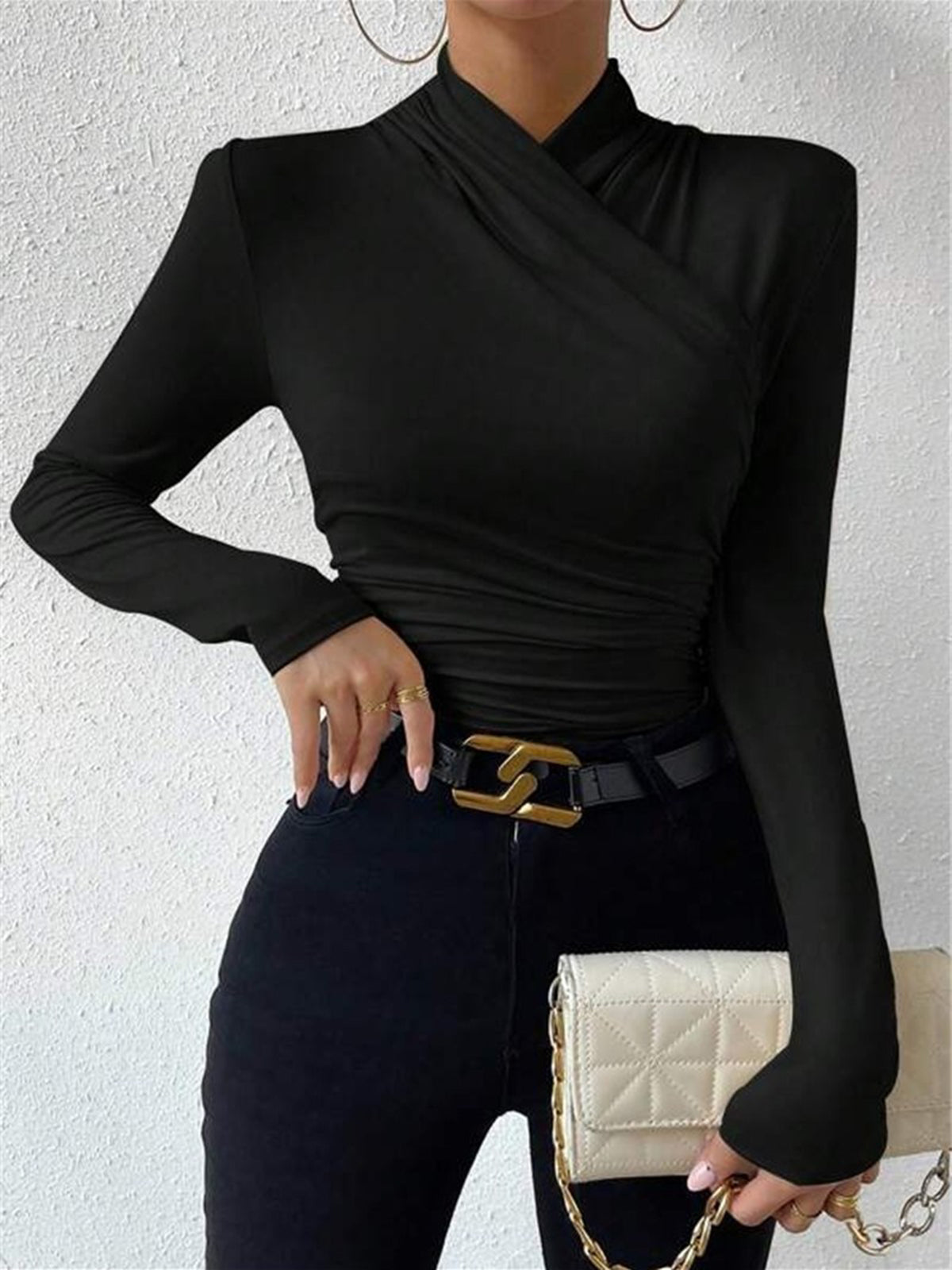 Fitted Long-Sleeve Blouse with Draping