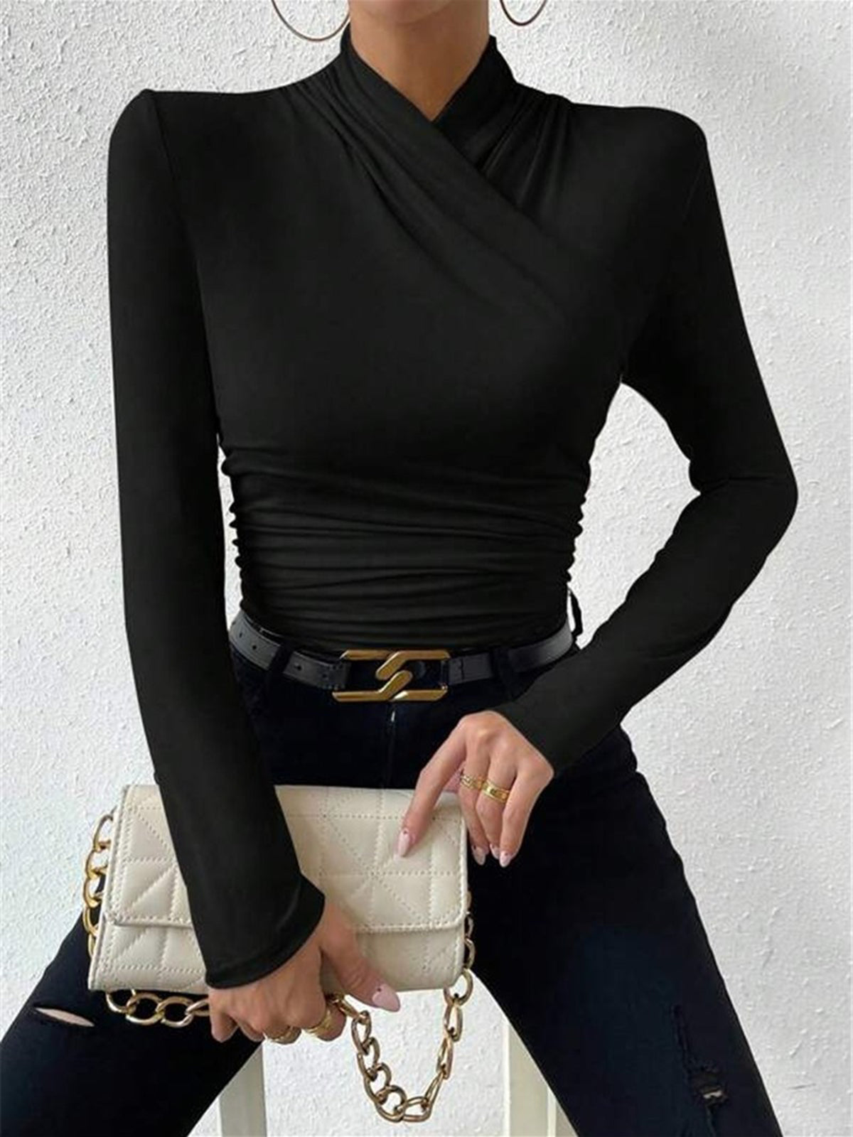 Fitted Long-Sleeve Blouse with Draping