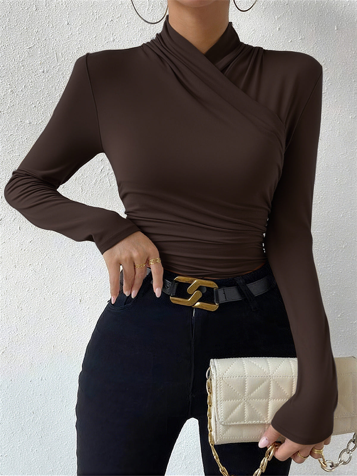 Fitted Long-Sleeve Blouse with Draping
