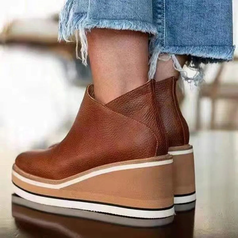 Round-Toe Wedge Ankle Boots with Side Closure
