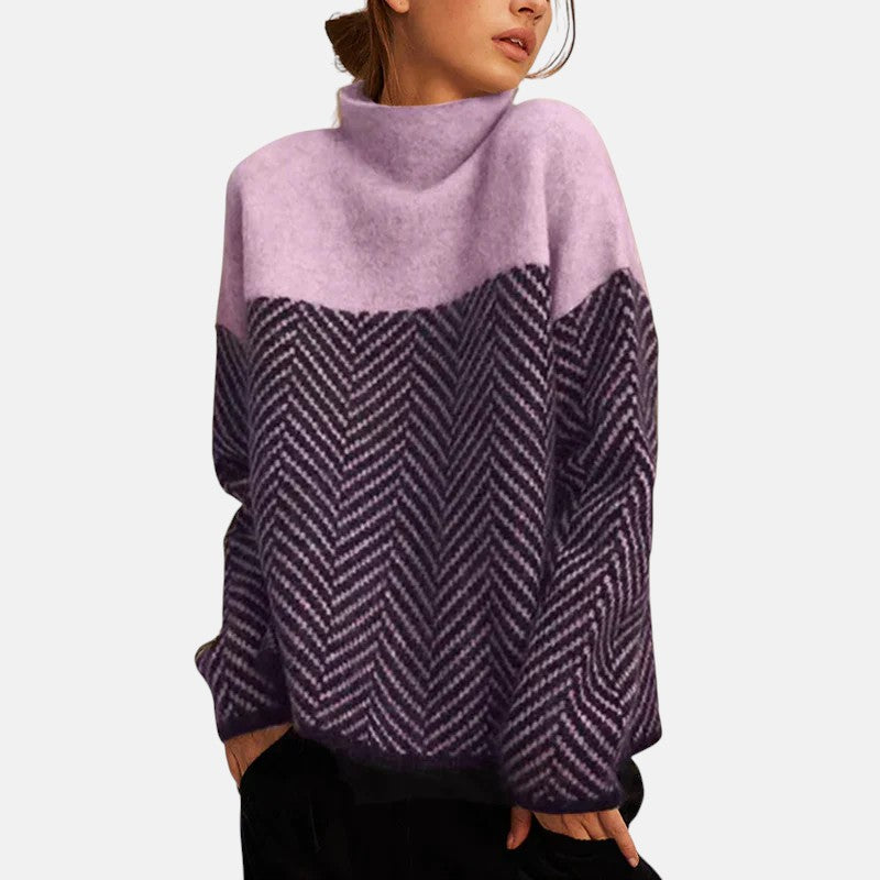 Damski Sweter z Golfem w Jodełkę Oversize