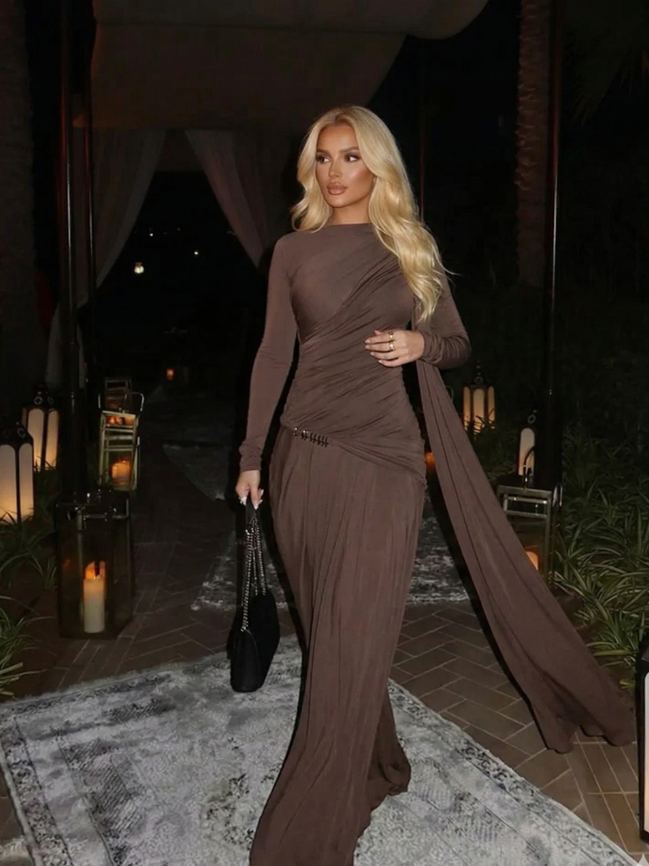 Asymmetrical long-sleeved maxi dress with draping