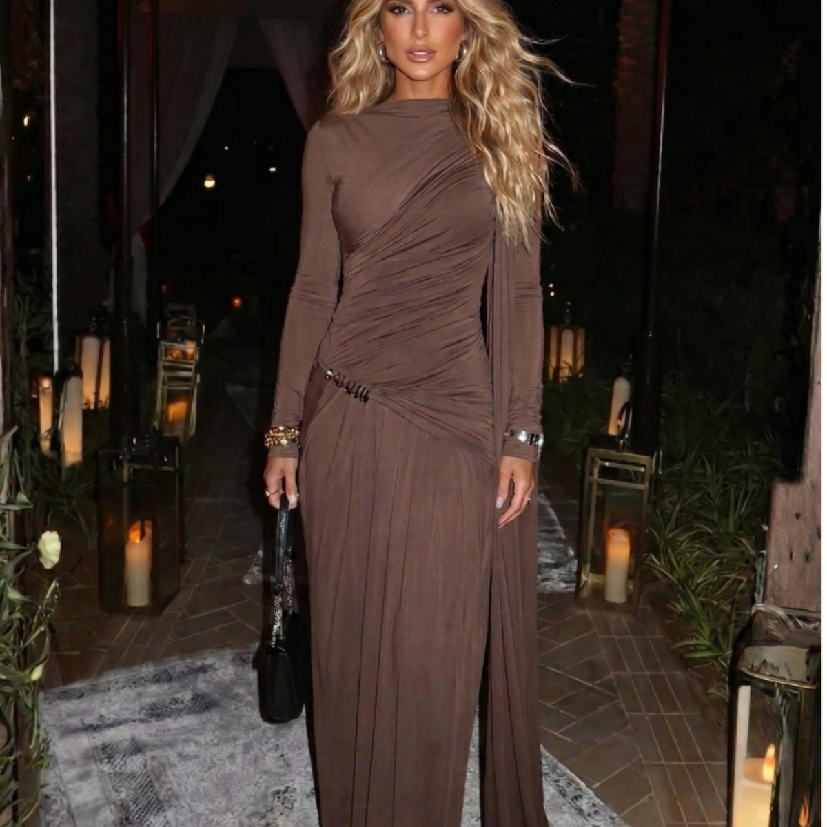 Asymmetrical long-sleeved maxi dress with draping