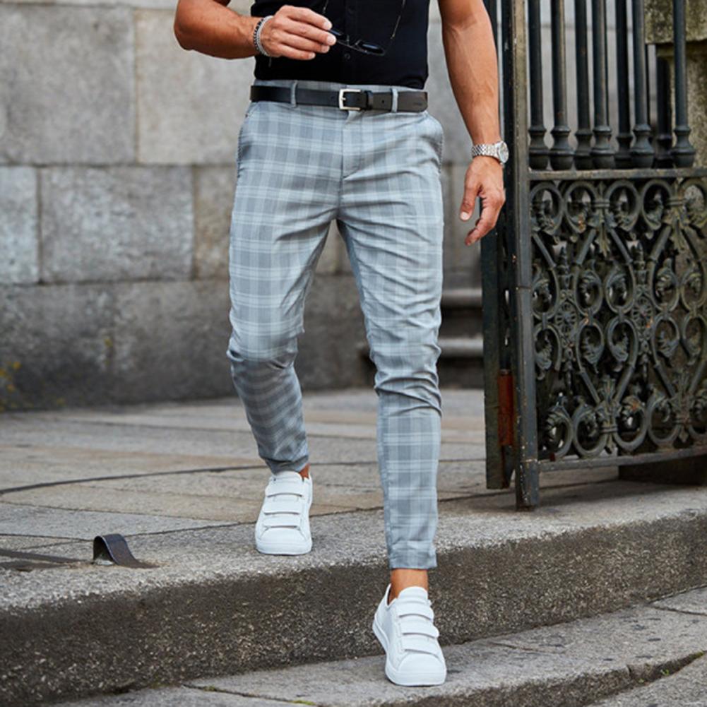 Slim checked ankle pants with belt loops