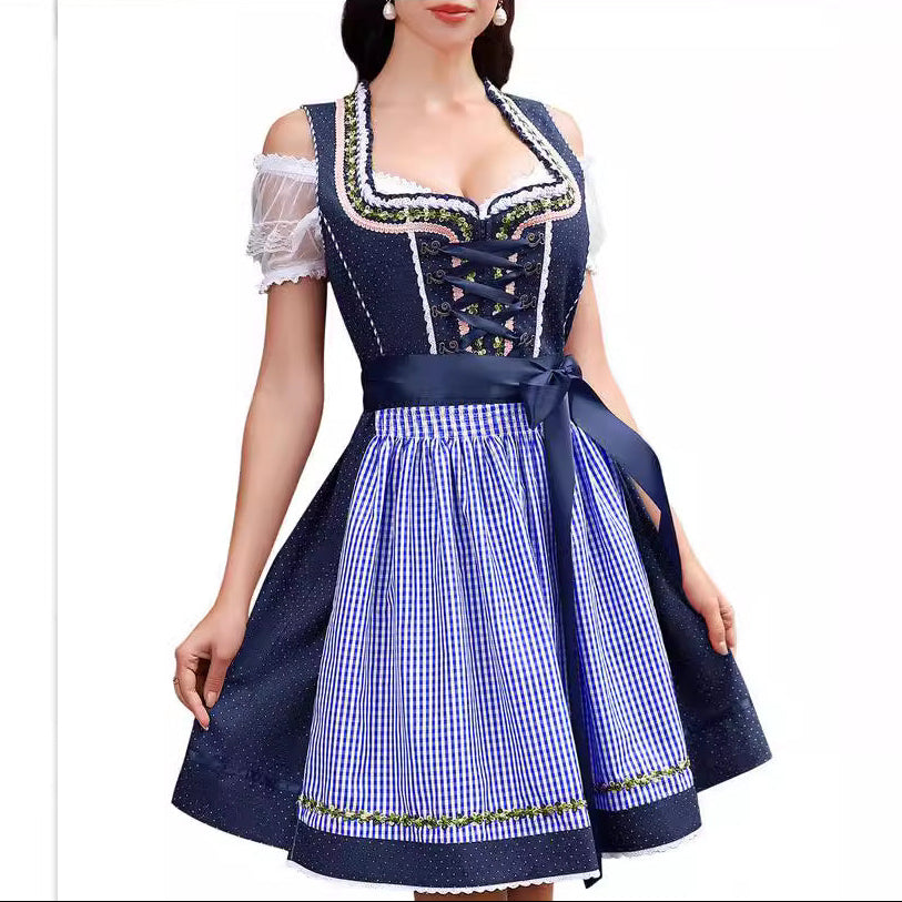 Sukienka Oktoberfest w Kratkę z Koronkowym Sznurowaniem
