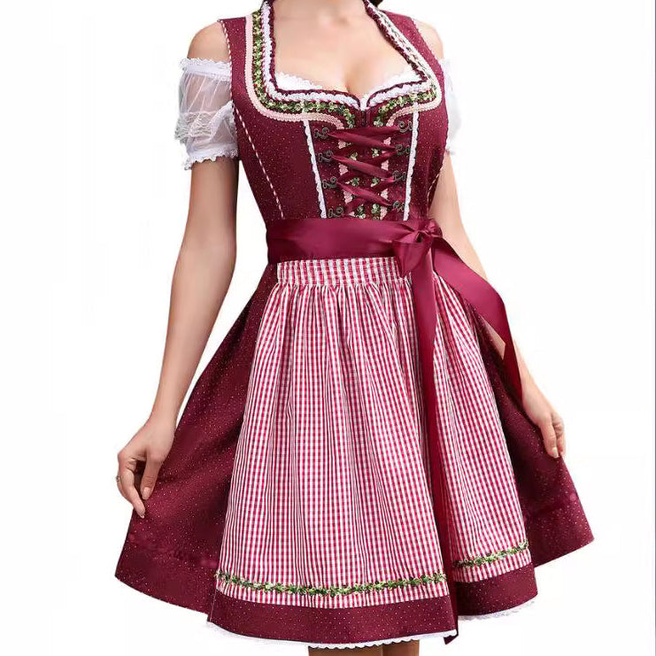 Sukienka Oktoberfest w Kratkę z Koronkowym Sznurowaniem