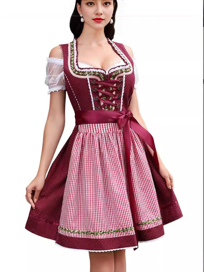 Sukienka Oktoberfest w Kratkę z Koronkowym Sznurowaniem