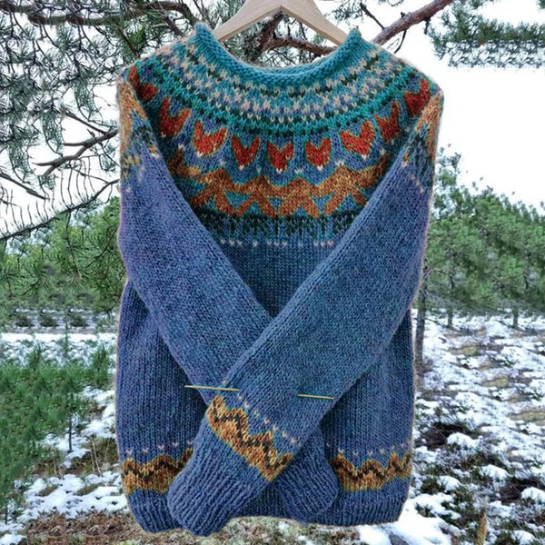 Sweter z Wzorem, Z Kapturkiem, Z Rękawami i Okrągłym Dekoltem