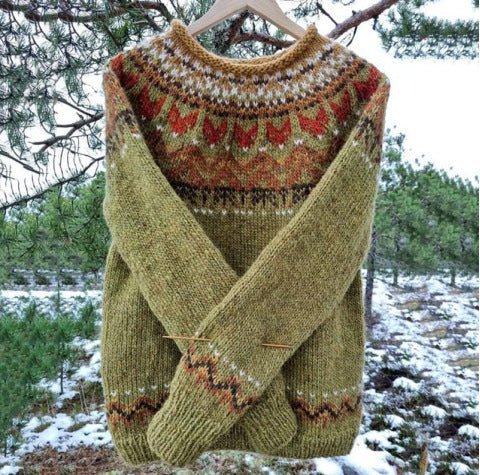 Sweter z Wzorem, Z Kapturkiem, Z Rękawami i Okrągłym Dekoltem