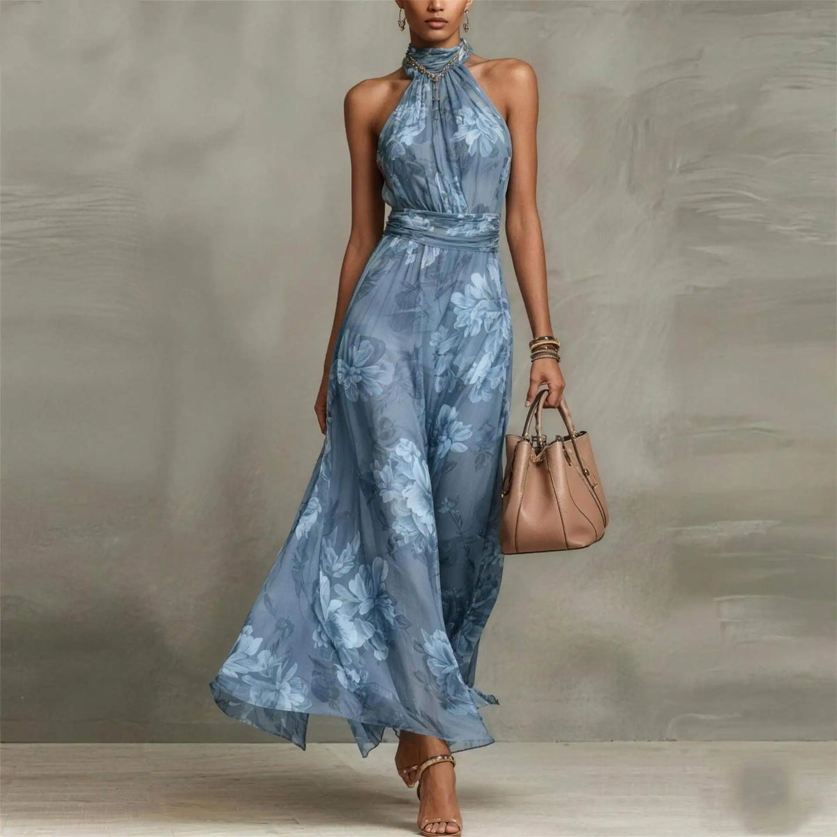 Sleeveless Fitted Draped Pleated Maxi Dress