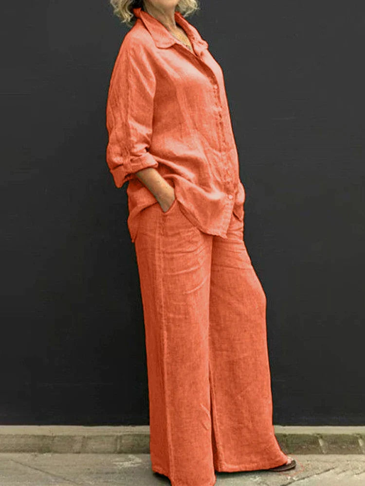 Loose collared button-up set with wide legs and pockets