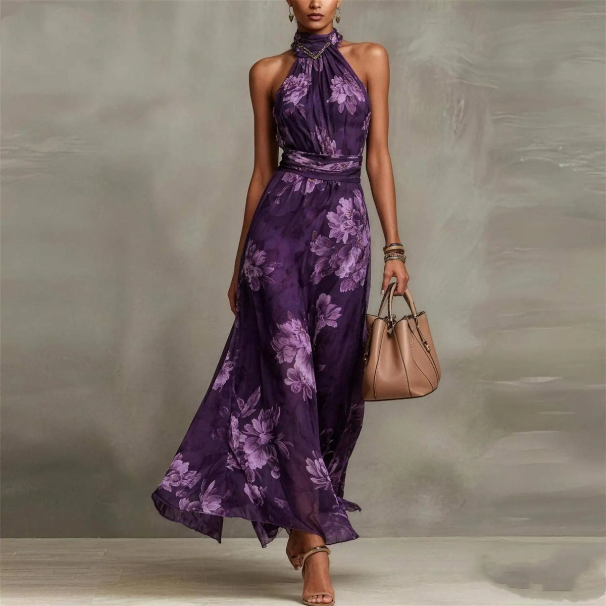 Sleeveless Fitted Draped Pleated Maxi Dress