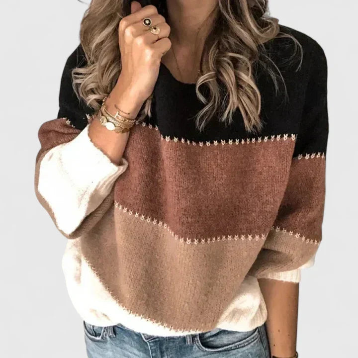 Kolorowy Sweter w Pasy z Okrągłym Dekoltem i Długim Rękawem dla Kobiet