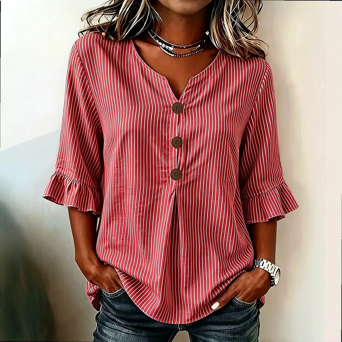 Striped Button-Front Blouse with Ruffles, Flared and Pleated