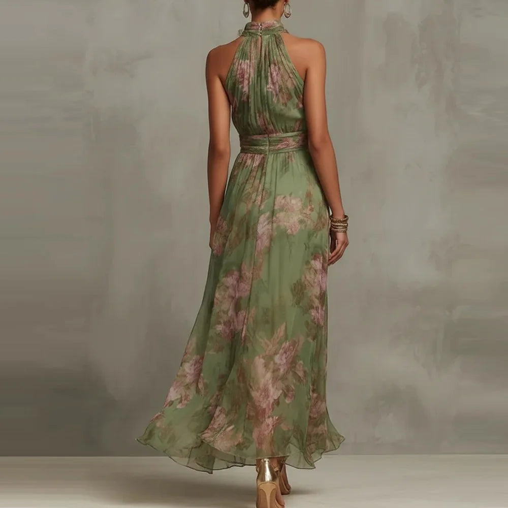 Sleeveless Fitted Draped Pleated Maxi Dress