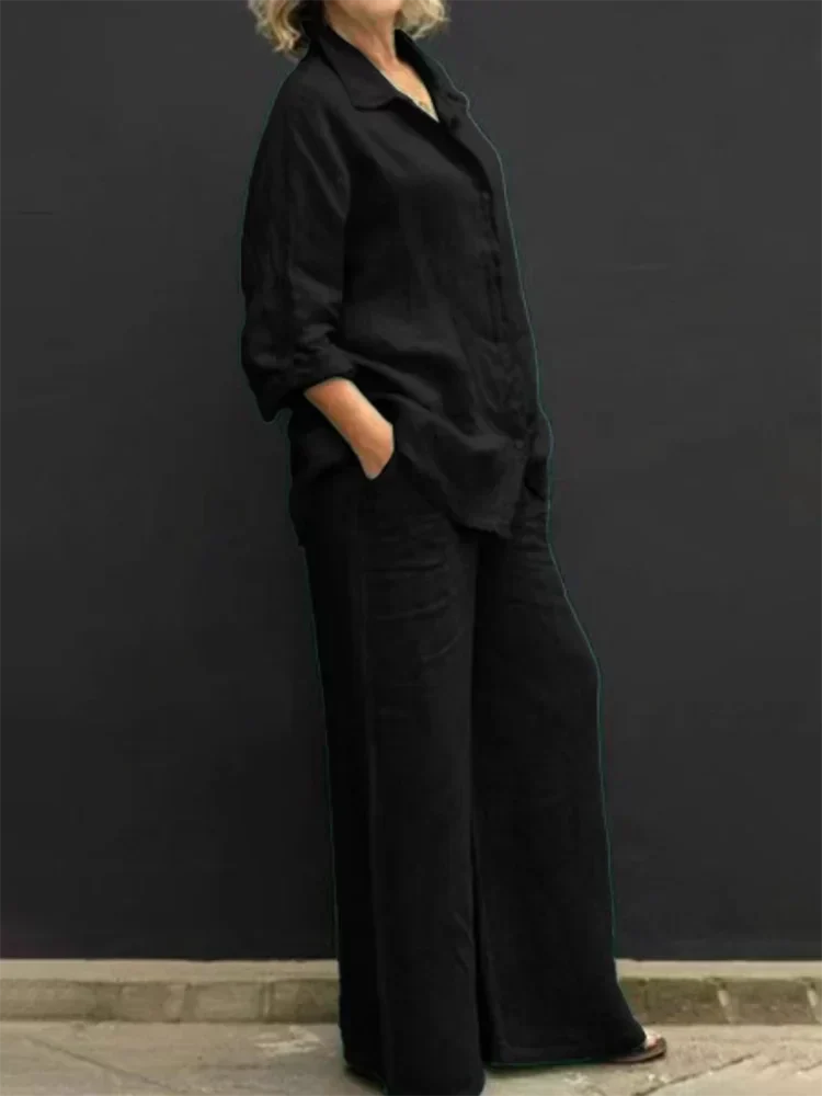 Loose collared button-up set with wide legs and pockets